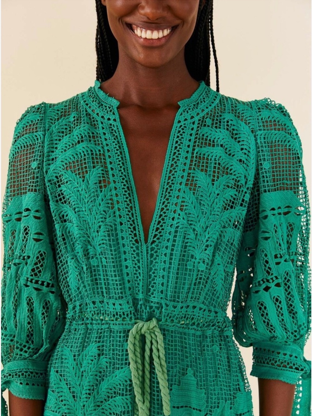 NWOT Farm Rio Green Morada Boa Guipure Dress with Slip Dress Underneath SOLD OUT - Picture 2 of 13